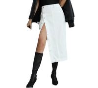 REHJJDFD Women's Button A-Line Side Split High Waist Denim Skirt Black Blue Midi Jean Skirts Long Skirt White M