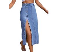 REHJJDFD Women's Button A-Line Side Split High Waist Denim Skirt Black Blue Midi Jean Skirts Long Skirt Blue L