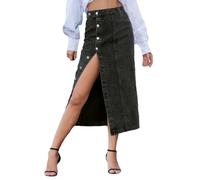 REHJJDFD Women's Button A-Line Side Split High Waist Denim Skirt Black Blue Midi Jean Skirts Long Skirt Black L