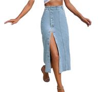 REHJJDFD Women's Button A-Line Side Split High Waist Denim Skirt Black Blue Midi Jean Skirts Long Skirt Baby Blue S