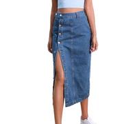REHJJDFD Women's Button A-Line Side Split High Waist Denim Skirt Black Blue Midi Jean Skirts Long Skirt Washed Blue L