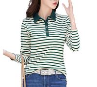REHJJDFD Women'sn Long Sleeve Striped Cotton Polo Shirt Stretch Slim Knitted Waistband Shirt Top EN8 M 47.5kg to 52.5kg