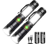 REHKITTZ Torch LED 2000 Lumen Super Bright,2500 mAh High Capacity Rechargeable Pocket Size Torches with Magnet and COB Work Light,Powerful Flashlight for Hiking, Camping, and Walking(2 Pack)