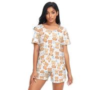 Reiacy Adorable Teddy Bears Women Pyjamas Set, Summer Cute Short Sleeve Loungewear Sleepwear Set Multicolor