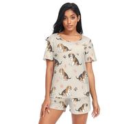 Reiacy Beagle Dog Pattern Women Pyjamas Set, Summer Cute Short Sleeve Loungewear Sleepwear Set Multicolor