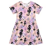 Reiacy Black Seahorse Print Summer Girls Short Sleeve Dress Casual Dresses Beach Sundress for 2-8 Years