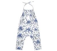 Reiacy Blue Octopus Sea Toddler Girl Dungarees Jeans, Loose Cotton Jumpsuit for Little & Big Kids, 1-6 Yrs