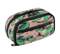 Reiacy Cartoon Alligator Crocodiles Sunbathing Heart Glasses Pink Pencil Case, Waterproof Zipper Pen Bag Pouch Organizer with PE Divider Large Capacity Stationery Storage for School Office