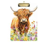 Reiacy Field Highland Cow Clipboard, Plastic A4 Clipboards with Low Profile, Cute Decorative Gold Clip for Nurses Student Teacher Office, 12.5"x9"