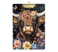 Reiacy Flowers Highland Cow Clipboard, Plastic A4 Clipboards with Low Profile, Cute Decorative Gold Clip for Nurses Student Teacher Office, 12.5"x9"