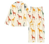 Reiacy Girl Satin Pajamas Set, Multicolor Giraffes Girls Kids Long Sleeve Button-Down Shirts & Pants Sleepwear Pjs 7-8 Yrs