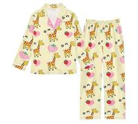 Reiacy Girl Satin Pajamas Set, Strawberries Giraffes Girls Kids Long Sleeve Button-Down Shirts & Pants Sleepwear Pjs 11-12 Yrs Multicolor