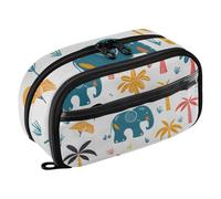 Reiacy Hand Drawn Doodle Elephants and Palms Trees Pencil Case, Waterproof Zipper Pen Bag Pouch Organizer with PE Divider Large Capacity Stationery Storage for School Office