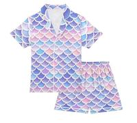 Reiacy Kids Satin Pyjamas Set, Pastel Mermaid Scales Girls Boys Short Sleeve Button-Down Shirt & Shorts Sleepwear Pjs 7-8 Yrs Multicolor