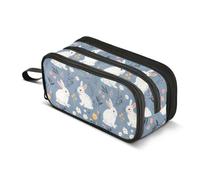 Reiacy Rabbit Flower Blue Pencil Case for Boys Girls, Large Capacity Pen Bag 3 Compartment Pencil Pouch Stationery Organizer Marker Case for School Office Work