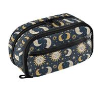 Reiacy Sun Moon Star Blue Pencil Case, Waterproof Zipper Pen Bag Pouch Organizer with PE Divider Large Capacity Stationery Storage for School Office