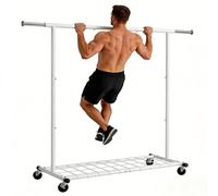 REIBII 100-150cm Extendable Heavy Duty Clothes Rail with Shelf, 113kg Load Strong Clothes Rack with Wheels, Movable Sturdy Free-Standing Clothes Rail for Bedroom, Laundry Room, Easy Assembly