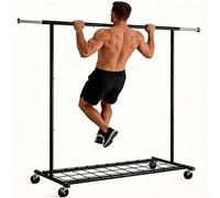 REIBII 100-150cm Extendable Single Heavy Duty Clothes Rail with Shelves, 113kg Load Strong Clothes Rack with Wheels, Movable Sturdy Free-Standing Clothes Rack for Bedroom, Laundry Room, Easy Assembly