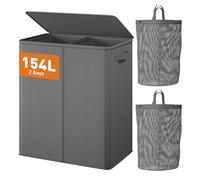 REIBII 154L Laundry Basket with Lid, Washing Basket for Laundry, Laundry Hamper with Sturdy Steel Wire & 2 Removable Bags, Large Foldable Laundry Basket 2 Compartments, Slim Clothes Laundry Bin