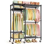 REIBII 338kg Heavy Duty Clothes Rail with Adjustable 6 Shelves and 3 Hanging Rails, Freestanding Clothes Rail on Lockable Wheels, 200cm Tall Metal Clothes Rail for Flats, Dormitories, Small wardrobes