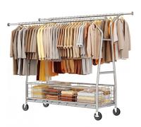 REIBII Heavy Duty Clothes Rail for Bedroom, 285KG Load Double Y-Shape Strong Clothes Rack with Mesh Storage Basket & Wheels, Sleek Industrial Home Clothing Rails for Small Spaces Laundry Rentals