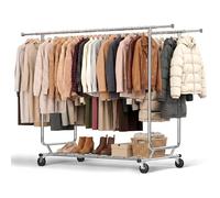 REIBII Heavy Duty Double Clothes Rail, 285kg Capacity Clothing Rails with Lockable Wheels, Shoe Rack & Hanging Rings, Chrome Extendable Clothes Rack for Laundry Room, Small Space, Retail Display