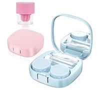 ReignSword 2 Pack Contact Lens Case with Manual Cleaner, Portable Travel Contact Cases Kit with Mirror for Daily & Outdoor Use, Includes Solution Bottle Tweezers Cleaning Tool (Pink & Blue)