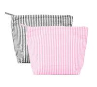 ReignSword 2 Pack Travel Cosmetic Bag, Fashion Stripes Makeup Bag Organizer, Portable Toiletry Bag Zipper Pouch for Women (Black & Pink)