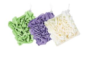 ReignSword 3 Pack 2-in-1 Washcloth Loofah Combo, Exfoliation Bath Loofah Sponge with Drawstring, Mesh Shower Ball for Body Wash and Cleanse Skin (Greeen+Purple+Beige)