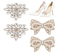 ReignSword 4 Pcs Rhinestone Shoe Clips, Detachable Pearl Bow Shoes Charms, Elegant Crystal Buckles for Women Dress Shoes, Shoe Decorative Accessories for Wedding Prom Party, Gold, One Size