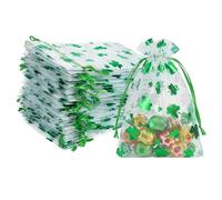 ReignSword 50 Pcs St. Patrick's Day Organza Gift Bags, Shamrock Clover Green Drawstring Mesh Treat Pouches, Goodie Bag for Party Favors, Candy, Jewelry (6 x 4 Inch)