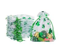 ReignSword 50 Pcs St. Patrick's Day Organza Gift Bags, Shamrock Clover Green Drawstring Mesh Treat Pouches, Goodie Bag for Party Favors, Candy, Jewelry (3 x 4 Inch)