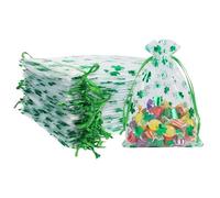 ReignSword 50 Pcs St. Patrick's Day Organza Gift Bags, Shamrock Clover Green Drawstring Mesh Treat Pouches, Goodie Bag for Party Favors, Candy, Jewelry (7 x 5 Inch)