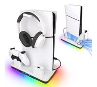 reiie PS5 Slim Cooling Stand with Dual Controller Charging Station, Multi-functional PS5 Slim Stand with RGB Light&Headphone Hook&2-Level Silent Fan for PS 5 Slim Digital/Disc