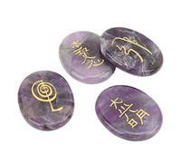 Reiki Symbols Stones, 4pcs Engraved Flat Character Crystal Reiki Meditation Stones with Storage Bag for Home Decor Pieces, Meditation Pieces(Amethyst)