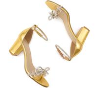 Reimferce Womens Dressy Wedding Heels: Adjustable Buckle & Sparkling Rhinestone Bow for Wedding & Party - Comfort Cushioned & Stability Chunky for Confidence - Brides Bridesmaids, Gold, 3 UK