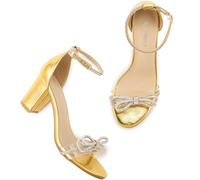 Reimferce Womens Dressy Wedding Heels: Adjustable Buckle & Sparkling Rhinestone Bow for Wedding & Party - Comfort Cushioned & Stability Chunky for Confidence - Brides Bridesmaids, Gold, 8 UK