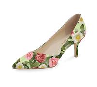 Reindee Lusion Womens Low Kitten Comfortable High Heels Music Note Printed Closed Toe Sexy Pumps Shoes, Green Floral, 5 UK