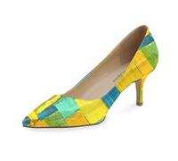 Reindee Lusion Womens Low Kitten Comfortable High Heels Music Note Printed Closed Toe Sexy Pumps Shoes, Yellow Plaid, 5 UK
