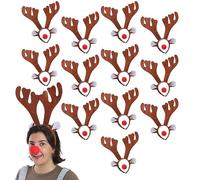Reindeer Antlers and Nose Fancy Dress Accessory - Pack of 12 - Brown Reindeer Antlers and Ears on a Headband, Red Sponge Nose - Adults Christmas Party Fancy Dress Accessory