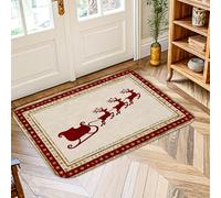 Reindeer Area Rug, Christmas Festive Sleigh Stars Christmas Red Low Pile Sponge Edge Binding Doormat Throw Rug Rectangle Bathroom Laundry Room Kitchen Entryway Decor 2' X 3'