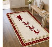 Reindeer Area Rug, Christmas Festive Sleigh Stars Christmas Red Non-Slip Doormat Rectangle Throw Rug Non Shedding Bathroom Entryway Kitchen Bedside Decor 3' X 5'