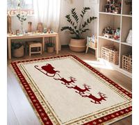 Reindeer Area Rug, Christmas Festive Sleigh Stars Christmas Red Non-Slip Home Floor Rectangle Print Carpet Rugs for Living Room Bedroom Classroom Apartment Decor 4' X 6'
