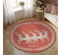 Reindeer Area Rug, Christmas Rustic Laurel Stars Christmas Red Low Pile Foam Home Floor Circle Print Carpet Rugs for Living Room Bedroom Classroom Apartment Decor 5' X 5'