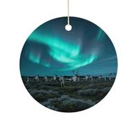 Reindeer_Aurora Ceramic Christmas Ornaments with Gold String - Personalized Double-Sided 2.9 Inch Xmas Tree Decorations, Rustic Winter Hanging Ornaments for Holiday Party Gift