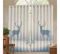 Reindeer Blackout Curtains, Winter Nature Trees Snow Winter Blue Wrinkle Free Window Drapes for Office Window Decor 52x54 Inch