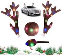 Reindeer Car Set, Reindeer Car Set with Color LED Lights for Christmas, Plush Antlers, Tail and Nose, Rudolph Christmas Decorations for Cars, Trucks, Trains, SUVs, Eetc