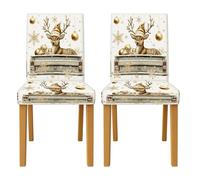 Reindeer Chair Covers for Dining Chairs, Christmas Festive Snowflakes Ornaments Christmas Gold Spandex Washable Breathable Chair Slipcover Decor for Dining Room Hotel Housewarming 2PCS