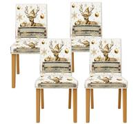 Reindeer Chair Covers for Dining Chairs, Christmas Festive Snowflakes Ornaments Christmas Gold Spandex Washable Removable Chair Slipcover Decor for Kitchen Office Conference 4PCS