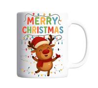 Reindeer Christmas Mug - Rudolph Merry Christmas Coffee Cup with Cute Red Nose Reindeer & Festive Lights - Holiday Hot Chocolate Tea Cup - Novelty Xmas Gift, Stocking Filler for Kids, Him, Her